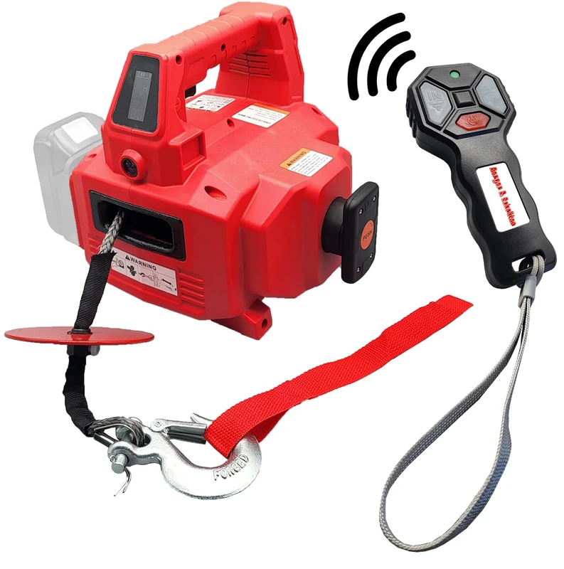 Berger & Schröter Electric Portable Battery Winch for 18 V Battery, 1000 lbs/454 kg, 550 W, 12 m Rope, Wireless Remote Control, Winch, Motor Winch, Drill Winch