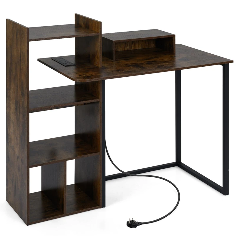 CASART Computer Desk with Charging Station, 110CM Home Office Desk with Ergonomic Monitor Stand & Storage Shelves, Modern PC Laptop Table Workstation for Writing Studying Gaming（Rustic Brown + Black）