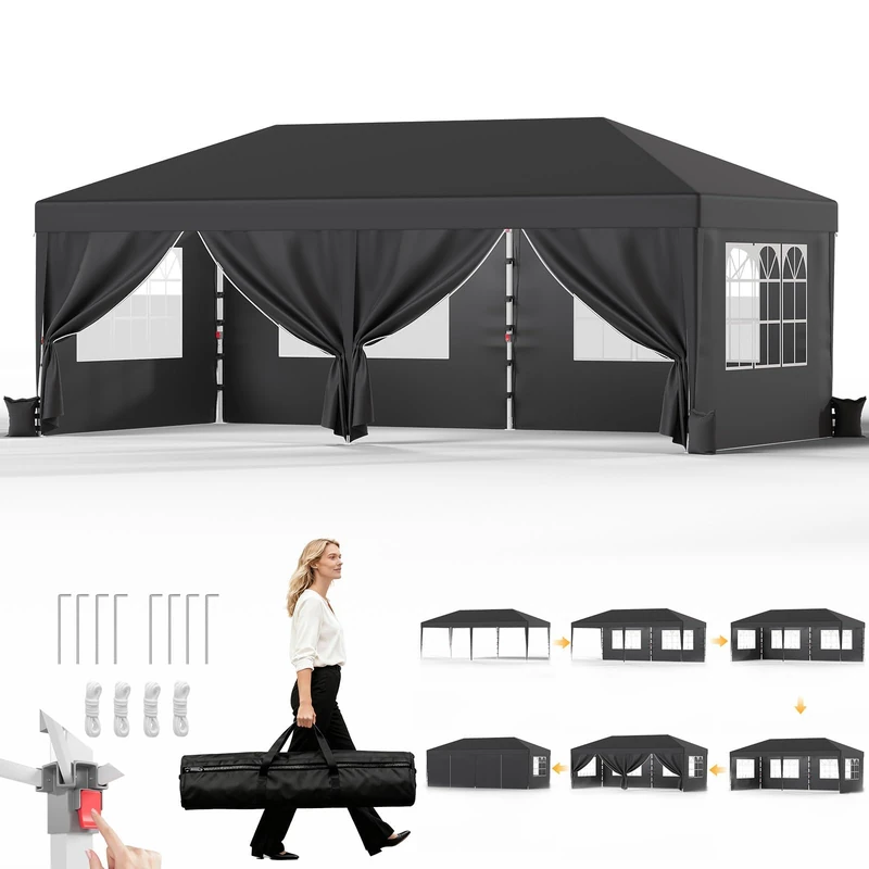 JUMMICO 3x6m Pop Up Gazebo with Sides, Heavy Duty Waterproof Marquee, 6 Removable Sidewalls, UV50+, Adjustable Height, Folding Shelter with Carry Bag for Garden, Weddings, Events - Grey