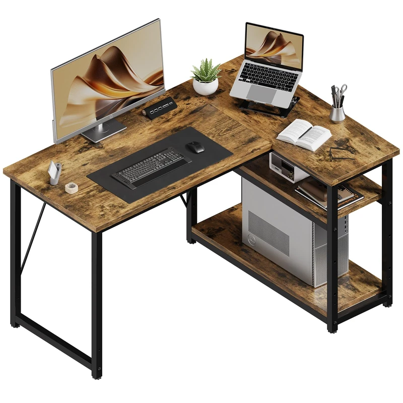 JUMMICO Small L Shaped Desk 100x80cm with Storage, Corner Computer Desk with Reversible Shelf, Sturdy Office Desk & Workstations for Home Office, Brown