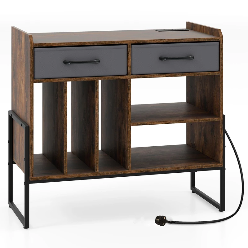 CASART Record Player Stand, Wooden Turntable Stand with Charging Station, Fabric Drawers & Adjustable Shelf, Large Vinyl Display Shelf Record Player Table for Living Room Bedroom
