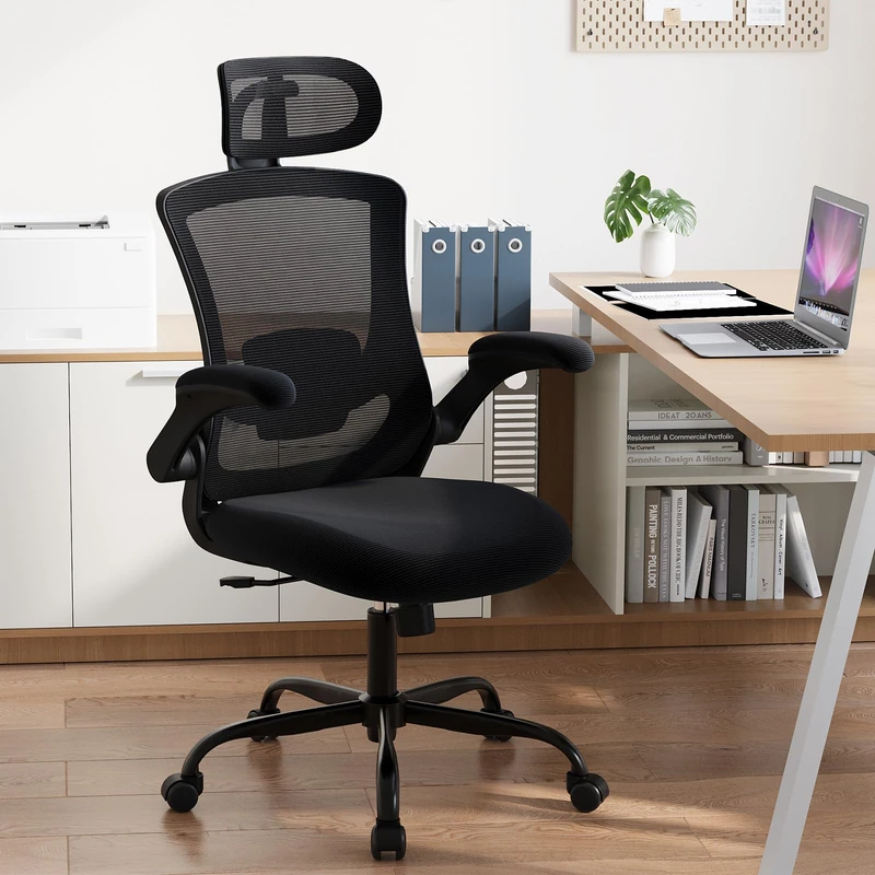 COLAMY Ergonomic Office Chair with Lumbar Support, Mesh Desk Chair with Adjustable Headrest, Computer Chair with Flip-up Armrest, Adjustable Seat Height and Tilt Function for Home Office Study, Black