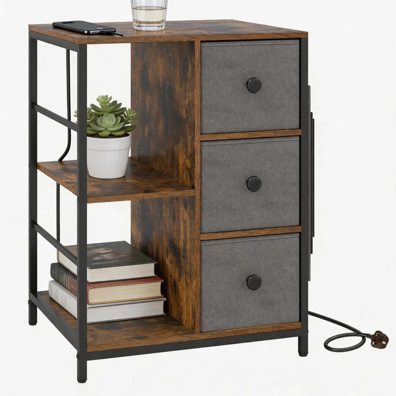 CASART Side Table with Charging Station, Metal Frame Bedside Table with Fabric Drawers, Storage Shelves & Side Pockets, Industrial Sofa End Tables Nightstand for Living Room Bedroom