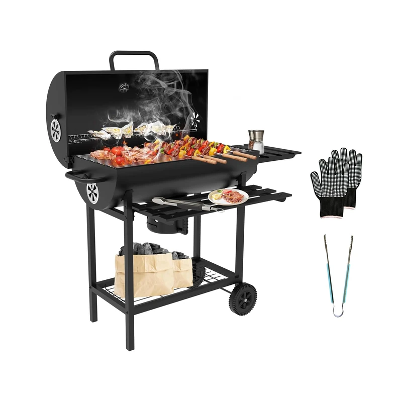 TEENO XXL Charcoal Smoker Grill, Portable Outdoor BBQ with Adjustable Charcoal Pan, Thermometer, Folding Side Table, Rolling Wheels, Grill Gloves & Food Clips