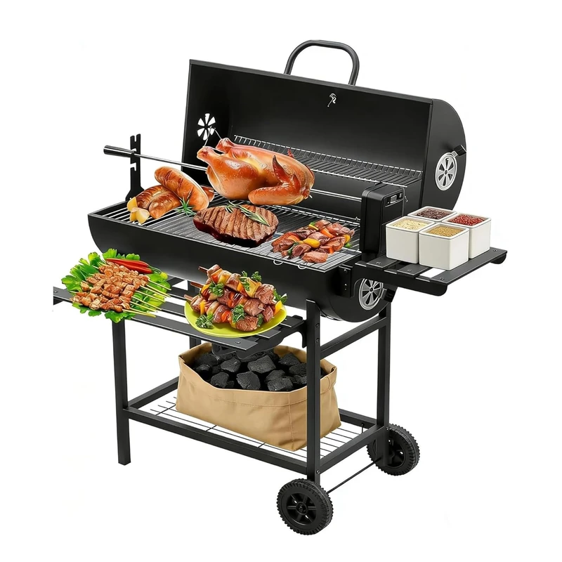 TEENO Charcoal BBQ Grill, Outdoor Smoker with Temp Gauge, Air Vents, Foldable Shelves, Warming Rack, Mobile Wheels, Chicken Roaster, Grill Gloves & Meat Clips for Patio Camping