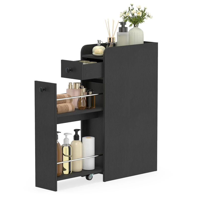 RELAX4LIFE Slim Bathroom Floor Cabinet, Rolling Narrow & Compact Toilet Storage Cart with Drawers & Slide Out Shelf, Freestanding Toilet Paper Storage Unit on Wheels for Small Spaces (Black)