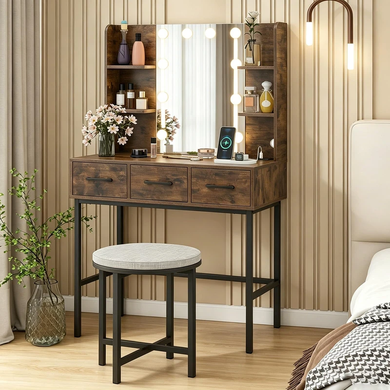 RELAX4LIFE Dressing Table with Mirror and Stool, Makeup Vanity Desk with Charging Station, 3 Drawers, 4 Open Shelves, Modern Bedroom Cosmetics Dresser Storage Organizer for Bedroom (Rustic Brown)