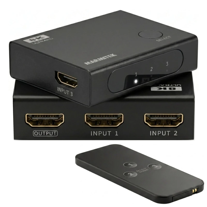 HDMI 2.1 Switch Marmitek AS38, 3 Port Switch, 8K 60Hz, 4K 120Hz -144Hz -165Hz -240Hz, 48 Gbps, Auto Switching, VRR, ALLM, DSC, for PS5 Xbox Monitor