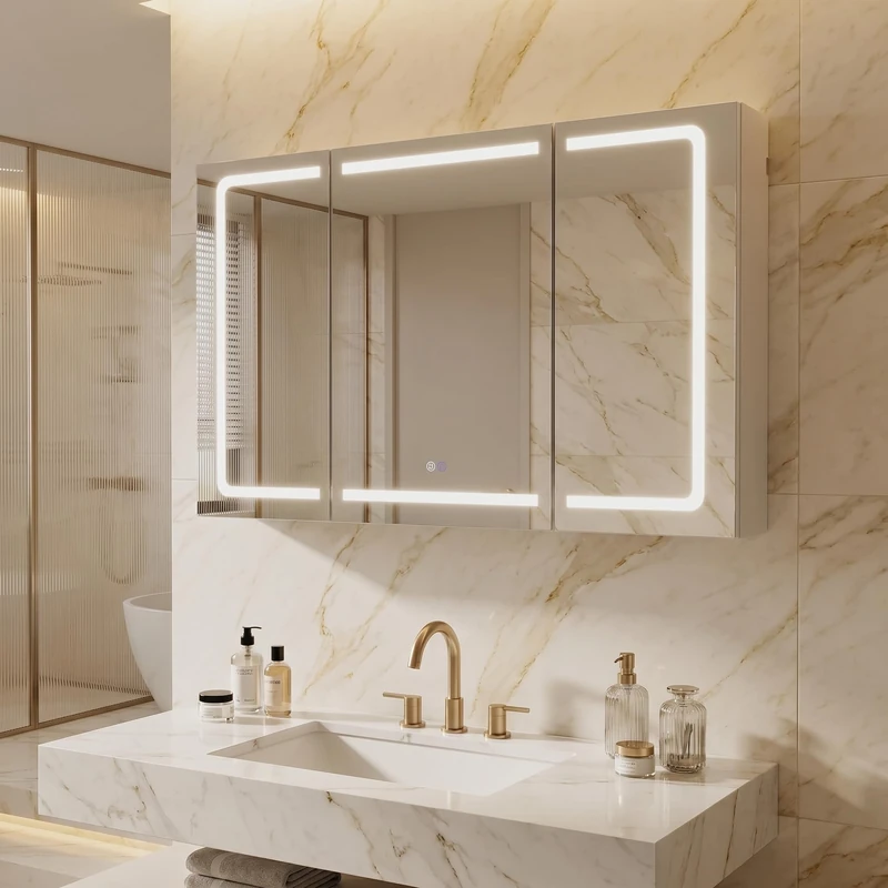 JUMMICO Bathroom Mirror Cabinet with LED, 120 x 75 cm, Folding Design, Dimmable Light, Anti-Fog, Soft Closing, Integrated Socket & USB, 5 Levels, Moisture Resistant