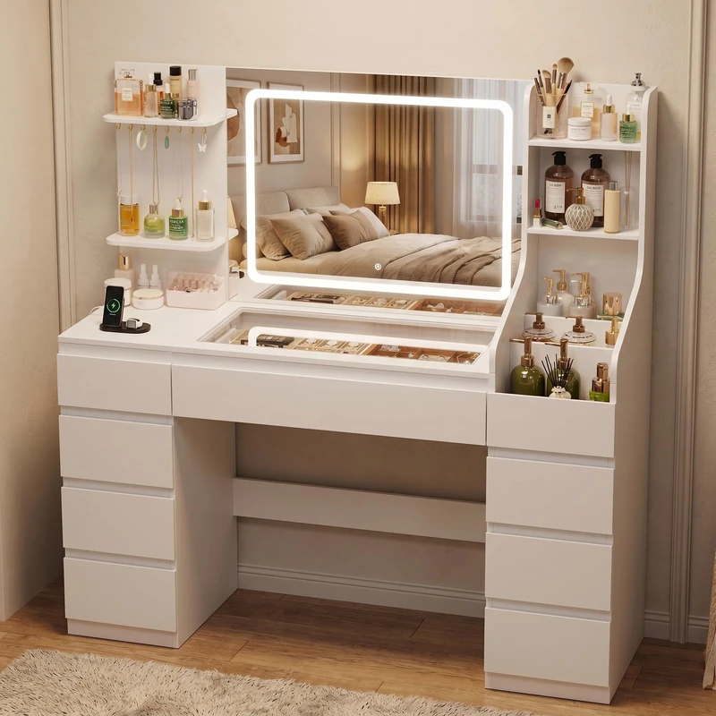 JUMMICO Dressing Table with LED Mirror and Lighting, 135 cm Dressing Table with Socket & USB, Drawers and Glass Top - Cream White Vanity Table