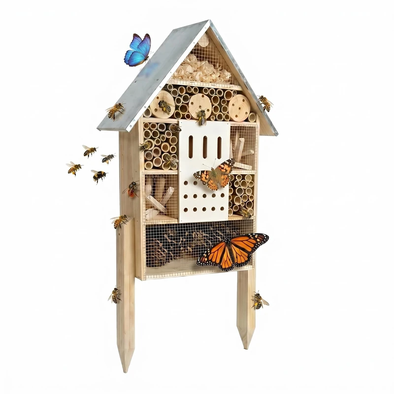 Relaxdays Insect Hotel with Stand, Pine Wood, Galvanised Metal Roof, 77x38x10 cm, Natural/Silver - Image 1