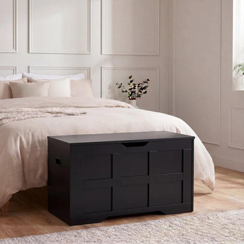 Vida Designs Storage Ottoman Bench | Black | 76W cm | Shaker Style | Cut-Out Handle | Easy Assembly | Blanket Box | Modern Bedroom Living Room Hallway Furniture Storage Toy Box Unit
