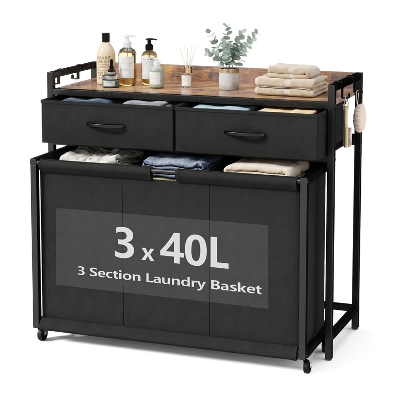 Laundry Basket with 3 Compartments, Laundry Hamper with 2 Drawers & Shelf, 3 x 40L Laundry Sorter Bag for Washing, Wash Basket for Laundry Room, Bathroom (Black) - Image 1