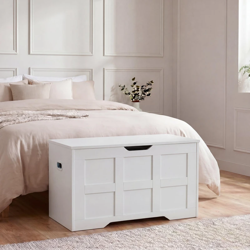 Vida Designs Storage Ottoman Bench | White | 76W cm | Shaker Style | Cut-Out Handle | Easy Assembly | Blanket Box | Modern Bedroom Living Room Hallway Furniture Storage Toy Box Unit