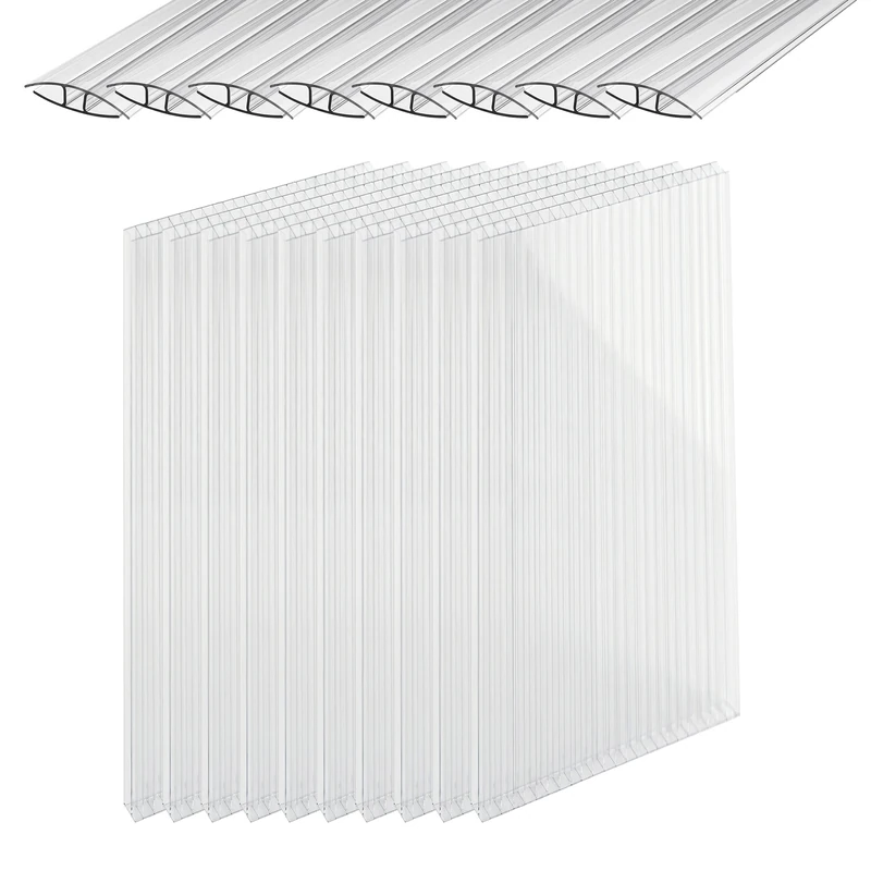 Relaxdays Twin-Wall Polycarbonate Sheets, Set of 10 with H-Profiles, 6mm, Greenhouse, 121 x 60.5 cm, Transparent