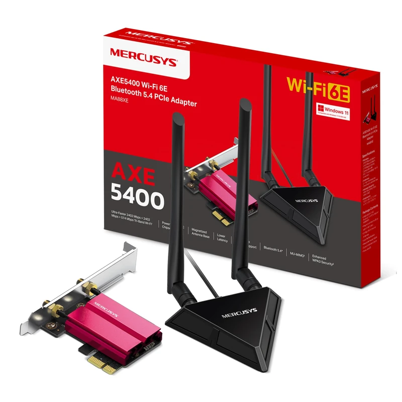 Mercusys MA88XE PCIe Adapter, WiFi 6E AXE5400 Tri-Band, PCIe WiFi Card, Magnetized Antenna Base with Two Antennas Wider Coverage, Bluetooth 5.4, Low Latency, Latest WPA3, Supports Windows 10/11(64bit)