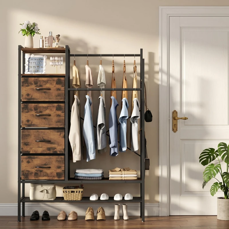 Feonase 117 cm Tall Chest of Drawers Bedroom, 4 Fabric Dresser with 2 Hanging Rail, Coat Hooks & Double-layer for Shoe Rack, Dresser for Bedroom for Bedroom and Entryway