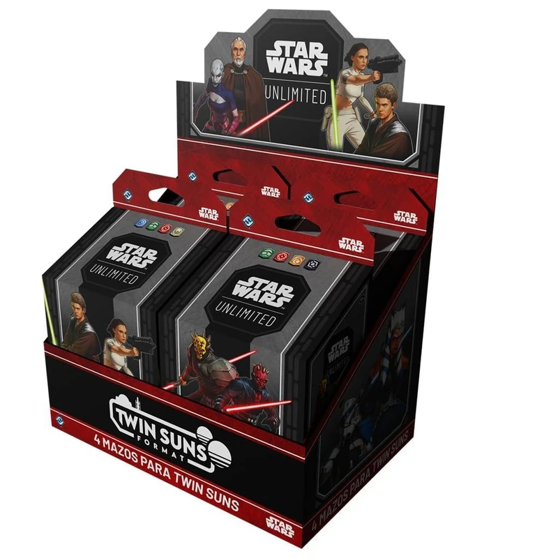 Asmodee Star Wars: Unlimited TCG, Twin Suns Display OF MAZOS, 4 pre-built 80-Card Multiplayer Decks, Clone Wars, Exclusive Content, Ages 12, 2-4 Players, 20 min, Spanish