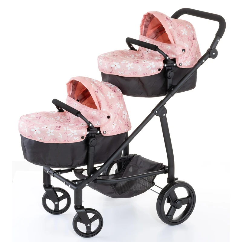 MOLTO - Twin Pram for Dolls, Folding Double Pram with Convertible Carrys, 360° Wheels and Adjustable Handlebar, for Dolls up to 46 cm, +3 Years