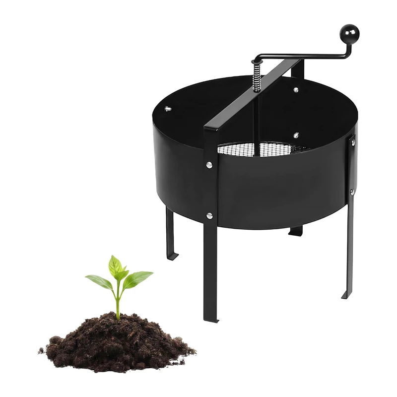 Relaxdays Garden Sieve, Hand Crank, Diameter 40 cm, Soil, Stones, Sand, Steel, Standing, Fine Mesh Compost Sieve, Black