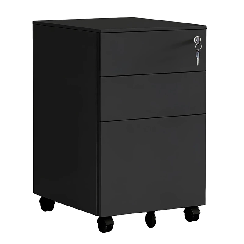 Relaxdays mobile pedestal with 3 drawers, lockable, on castors, metal, black, 60 x 39 x 52 cm
