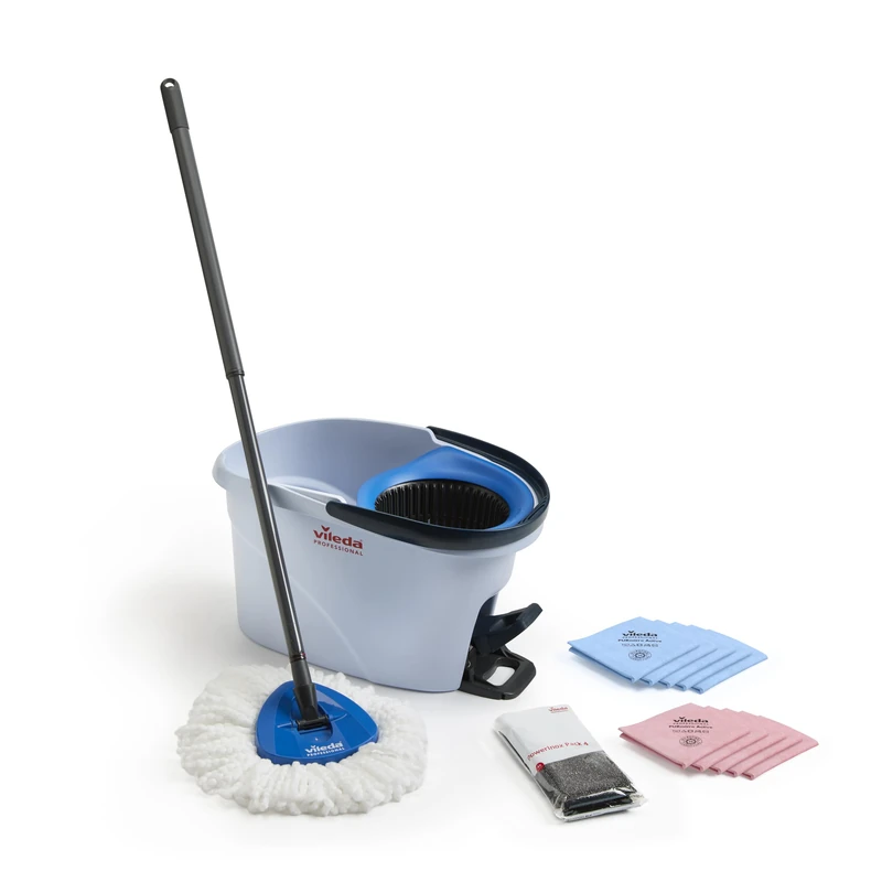 Vileda Professional UltraSpin Mini QuickStart Kit – Compact Professional Spin Mop Cleaning System for Bars & Cafés (9L Bucket, Foot Pedal Wringer, Mop, Cloths & Scourers)