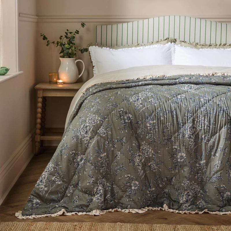furn. Wylder Hermione Bedspread – Reversible Floral Quilted Cotton Ruffle Trim Coverlet Bedding (Moss – 240x260cm) - Image 1
