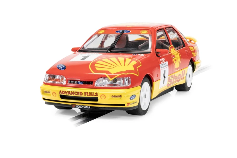 Superslot H4632 Ford Sierra Sapphire Slot Car, BTCC 1990 Rob Gravett, 1:32 Scale, Red and Yellow Livery, with Lights and Magnatraction