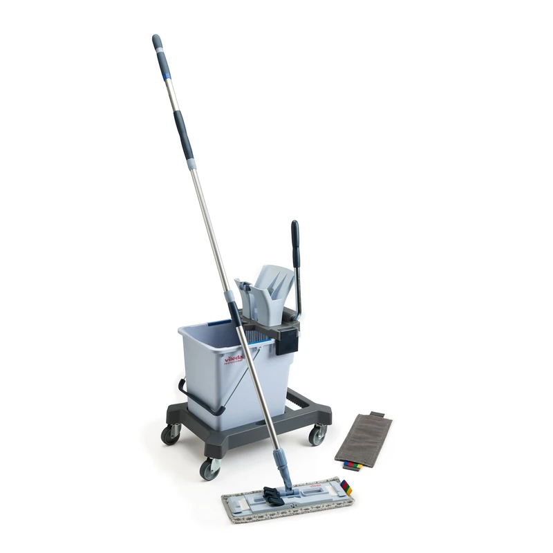 Vileda Professional UltraSpeed Pro QuickStart Kit – Professional Cleaning Trolley, 25L Professional Mop & Bucket Cleaning System for Commercial Use (Press Bucket, Flat Mops, Cloths & Scourers)