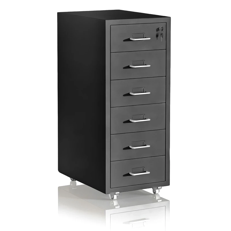 Relaxdays Lockable Metal Rolling Cabinet with 6 Drawers, 69x28x41 cm, Black