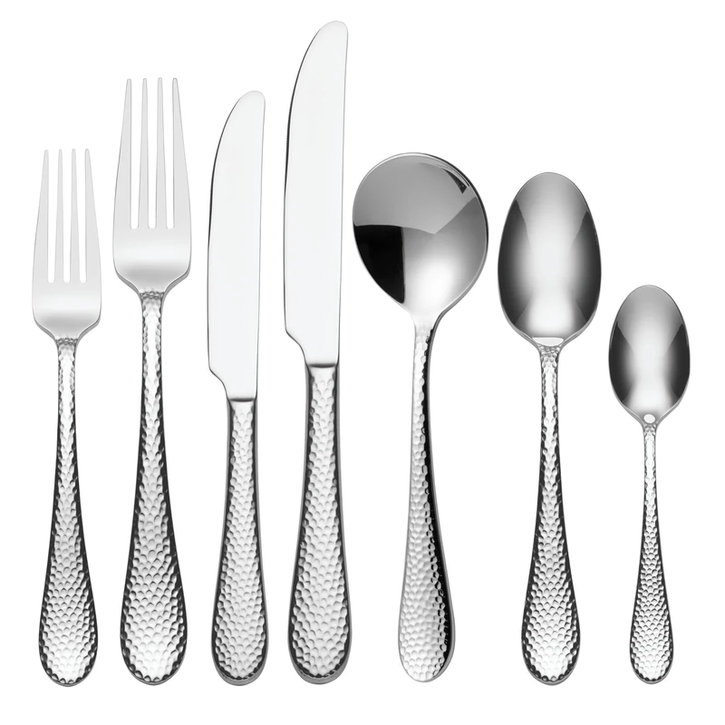 Oneida Tibet 42 Piece Cutlery Set: Complete Serving Set for 6 People, 7 Types of Cutlery, 18/0 Nickel Free Steel, Long Lasting Shine, Dishwasher Safe, Hammered Design