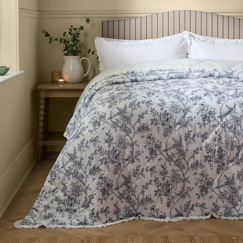 furn. Wylder Hermione Bedspread – Reversible Floral Quilted Cotton Ruffle Trim Coverlet Bedding (Ivory Blue – 240x260cm) - Image 1