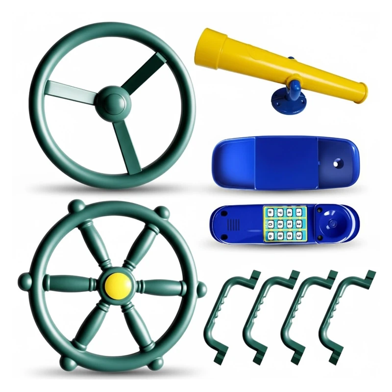 Relaxdays Play Tower Accessories, 8-piece set: 4 grips, 2 steering wheels, telescope & telephone, colourful garden toy
