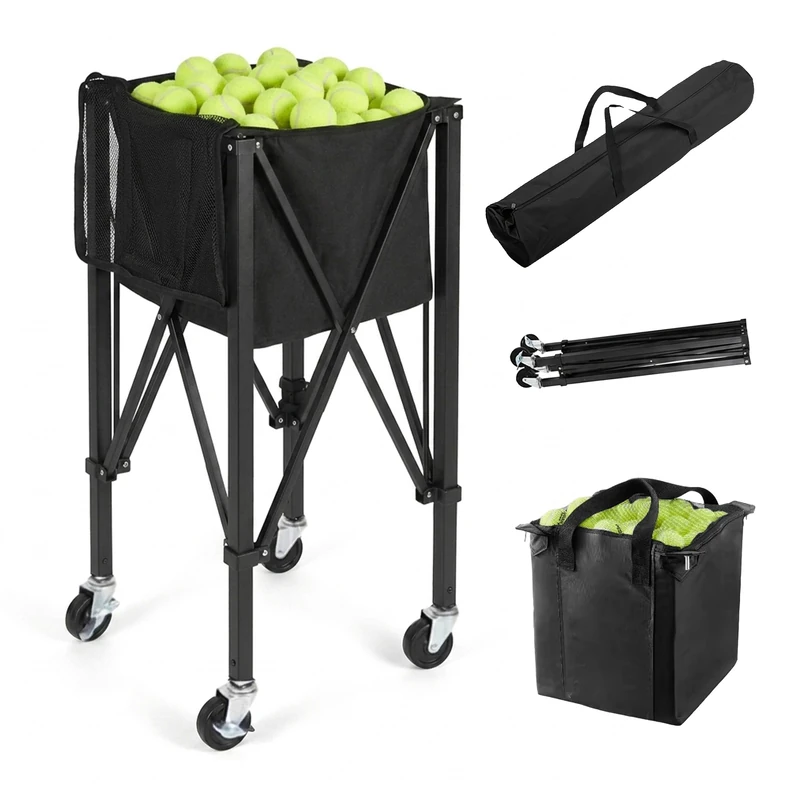 Relaxdays Tennis Ball Trolley for 150 Tennis Balls with Wheels & Bag, Foldable, HBD: 90 x 41 x 41 cm, Tennis Basket, Black