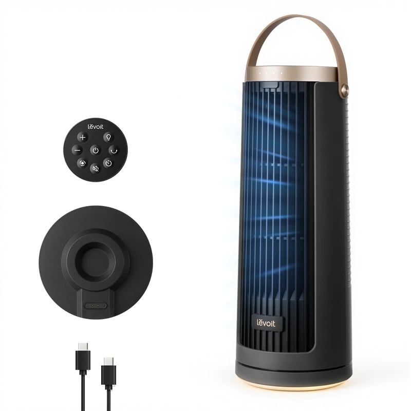 Levoit Windi Mini Pro Tower Fan, 20dB Ultra Quiet Portable Fans, Powerful Airflow, 5-20H Long Run Time, Type-C Rechargeable with Detachable Auto-Charging Base & Warm Nightlight for Indoor & Outdoor