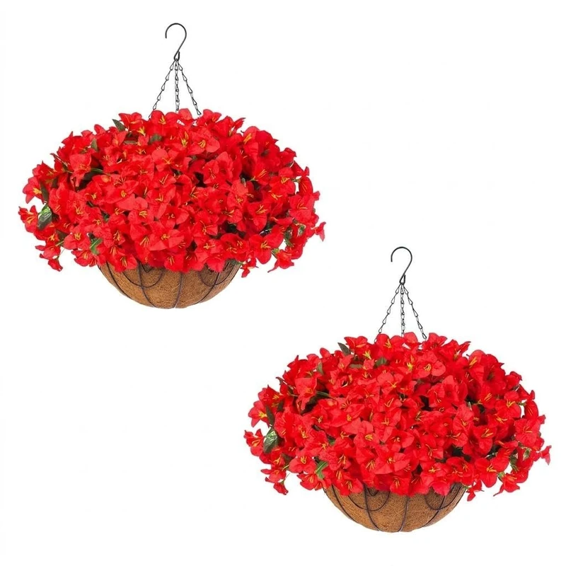 Set of 2 Artificial Geranium Hanging Plants in Coir Hanging Basket - 24 Realistic Flowers - Weatherproof & Durable - for Balcony, Patio, Garden or Indoor - Perfect Spring Decoration - Image 1