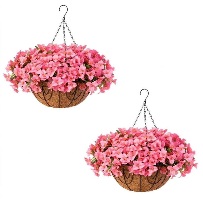Set of 2 Artificial Geranium Hanging Plants in Brown Coir Basket - 24 Flower Branches - Durable, Easy Care Artificial Flowers for Garden, Balcony, Patio or Indoor - Elegant