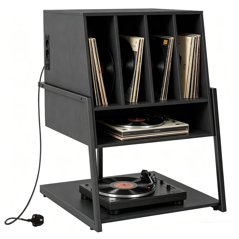 CASART Record Player Stand on Wheels, Rolling Turntable Stand with Charging Station & Open Shelves, Record Storage Table Vinyl Media Cabinet for Music Living Room Studio (Black)