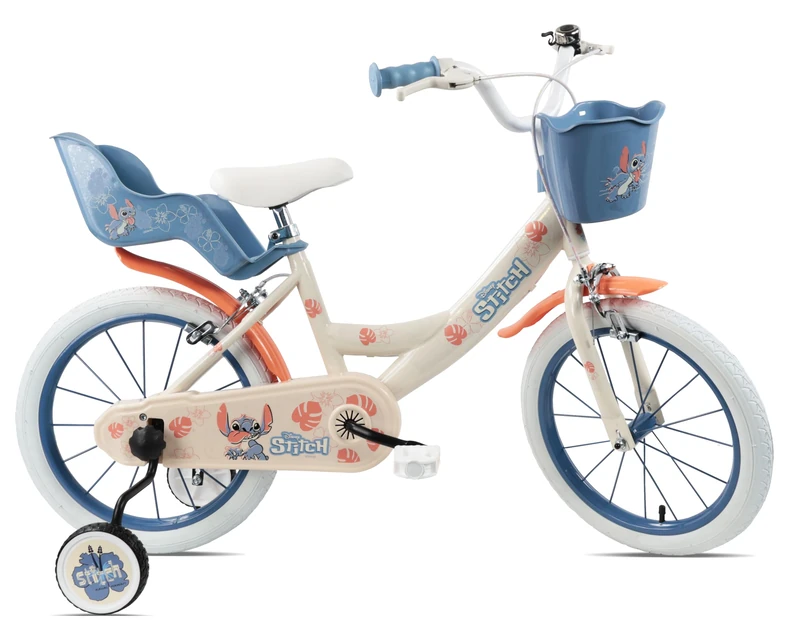Disney Stitch 16 Inch Girls Bike, Steel Frame, with Training Wheels, Front Basket and Rear Carrier, for Ages 5 to 8 Years