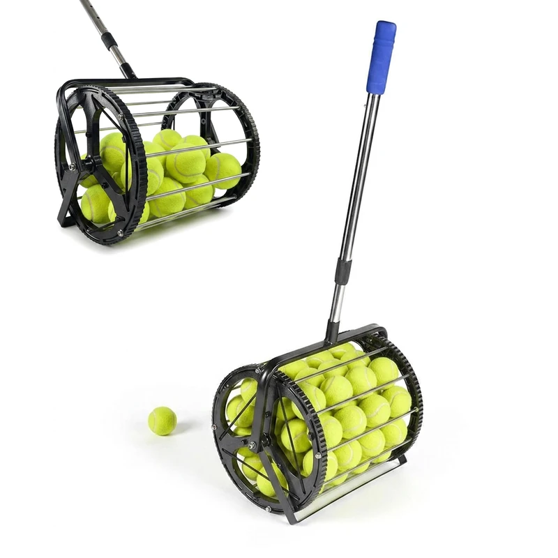 Relaxdays Tennis Ball Collector with 50 Balls, Telescopic Handle, Wheeled, Metal and Plastic, Black/Silver, 106 x 29 x 2