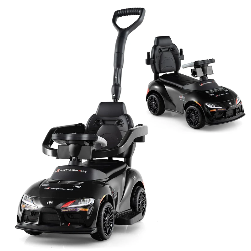 GYMAX 3 in 1 Ride on Push Car, Kids Push Along Car with Handle, Music, Guardrails and Storage Compartment, Toddler Sliding Toy for 1.5-5 Years Old (Black)