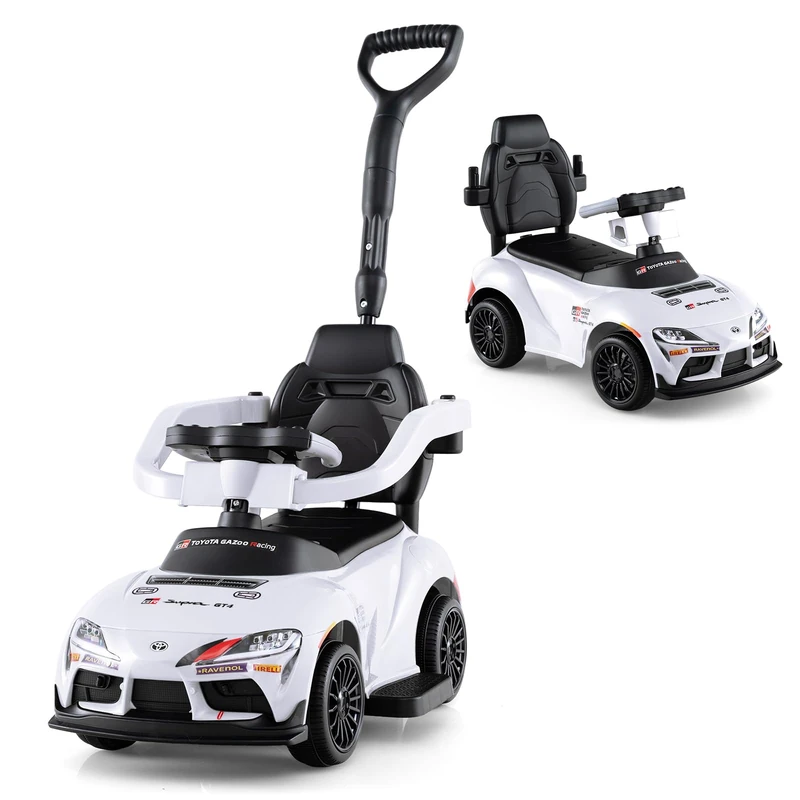 GYMAX 3 in 1 Ride on Push Car, Kids Push Along Car with Handle, Music, Guardrails and Storage Compartment, Toddler Sliding Toy for 1.5-5 Years Old (White)