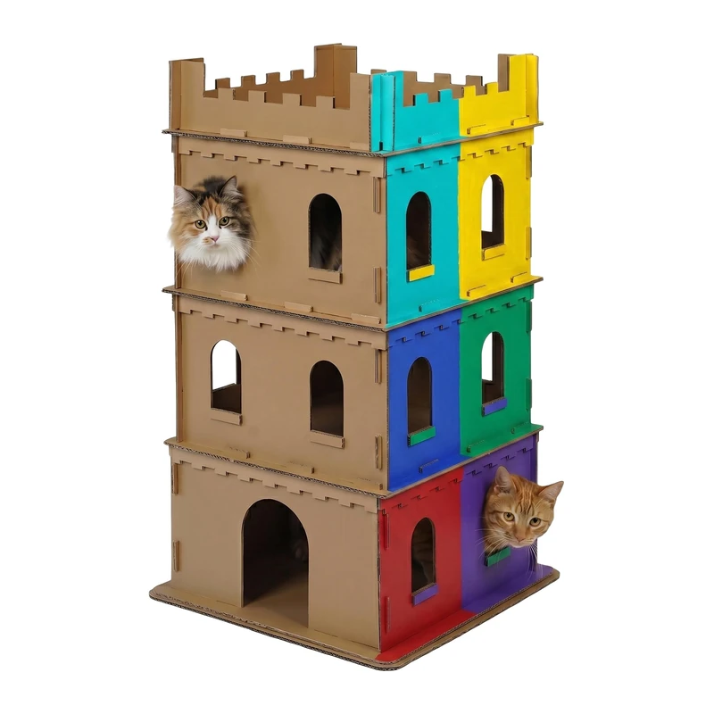 Relaxdays Cat Castle, 3-Storey Cardboard Playhouse to Paint, Slot-Together, 107.5x62x62 cm, Brown