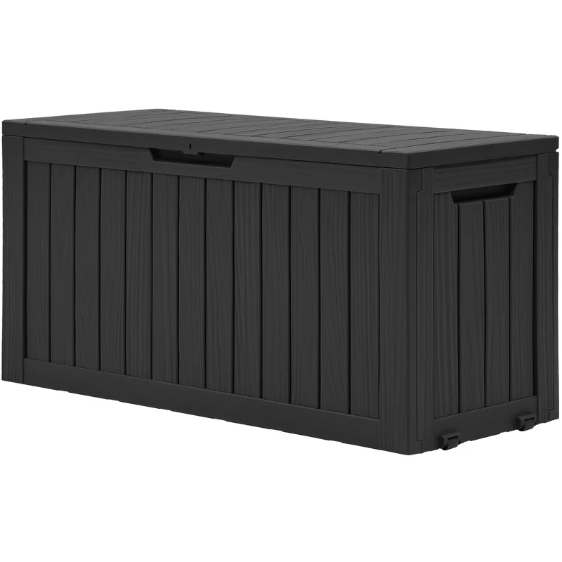 DWVO 270L Outdoor Resin Deck Box with Wheels, Waterproof Garden Storage Box for Patio Cushions, Sports Gear & Garden Tools, Lockable, Black