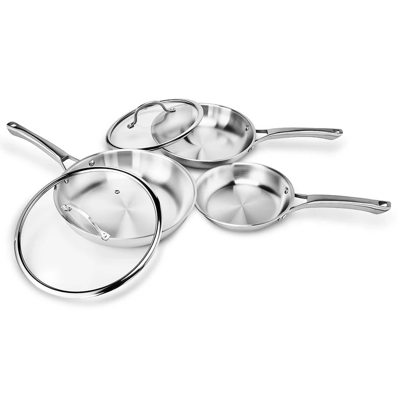 ROVSON 5-Piece Stainless Steel Frying Pan Set, Induction Hob Pan Set, Polished, Riveted, Dishwasher Safe, 20cm, 24/28cm Lidded, Daily Meals
