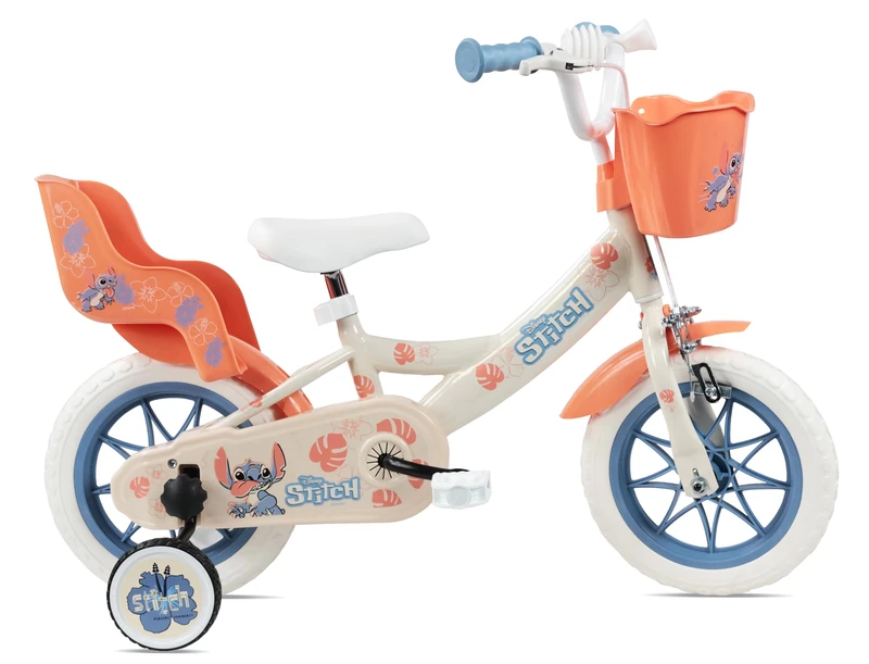 Disney Stitch 12 Inch Girls Bike, Steel Frame, Puncture-Proof Tyres, Training Wheels, Doll Carrier and Front Basket, Ages 3-5