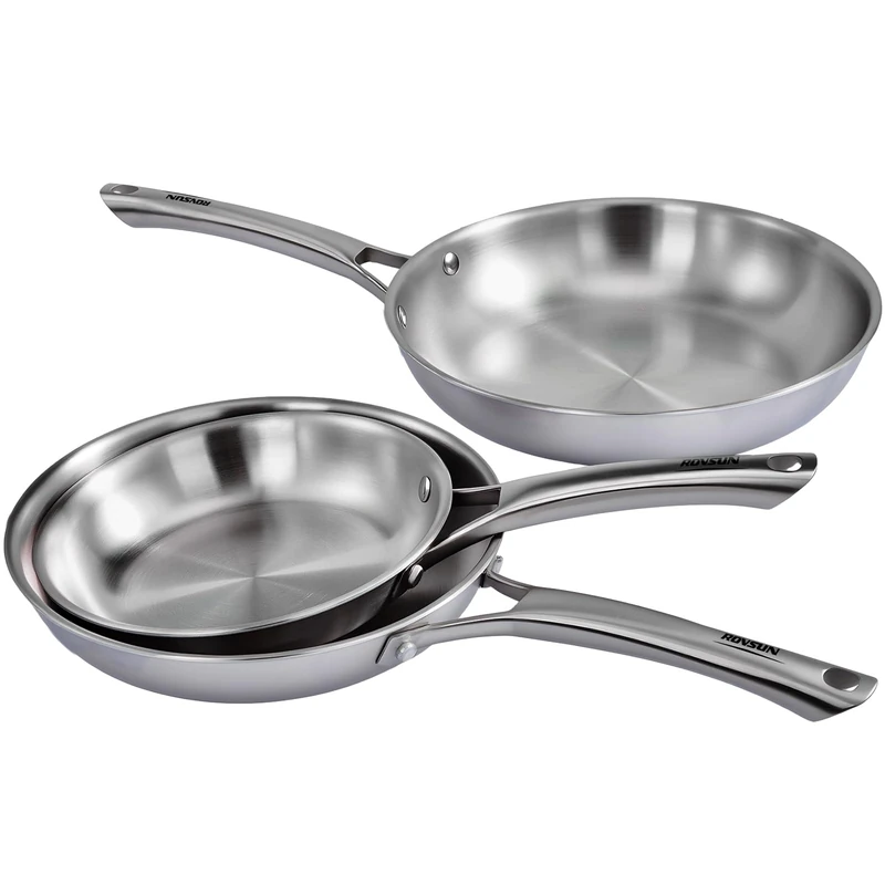 ROVSON 3-Piece Stainless Steel Frying Pan Set, Induction Hob Pan Set, Polished, Riveted, Dishwasher Safe, 20/24/28cm, Great for Daily Cooking