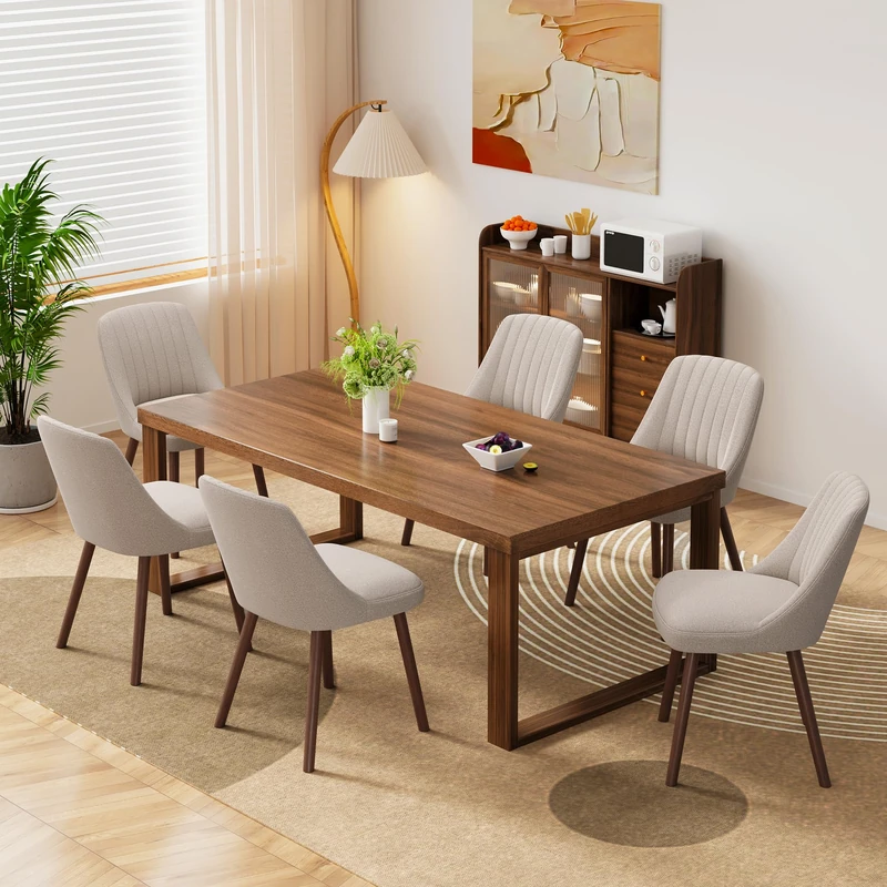 MALOL Wooden Dining Chairs Set of 6, Fabric Chairs for Dining Room with with Wood Legs and Thick Seat Cushion, Upholstered Kitchen Chair with Anti-Slip Pads, Camel