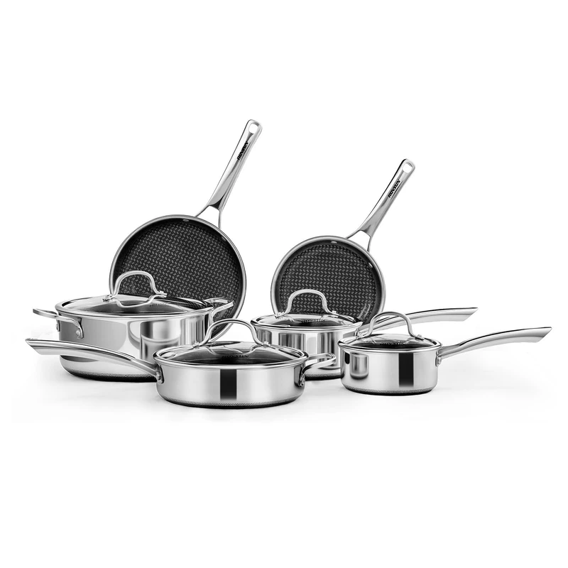 ROVSON 10-Piece Stainless Steel Pan Set, Induction Hob Pan Set, Polished, Riveted, Dishwasher Safe, 6 Pans 4 Lids with Saucepan & Stockpot, 16-26cm for Family Meals