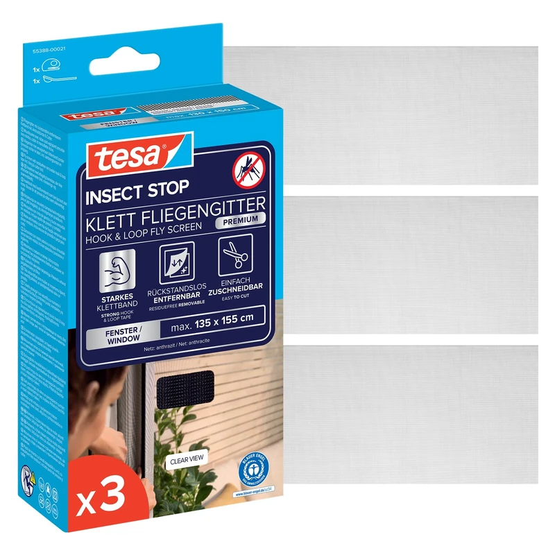 tesa INSECT STOP H&L Fly Screen Premium for Windows, insect screen with hook & loop tape, removed without leaving residue, cut to size, without drilling - 3x 135 cm x 155 cm - Anthracite (Transparent)